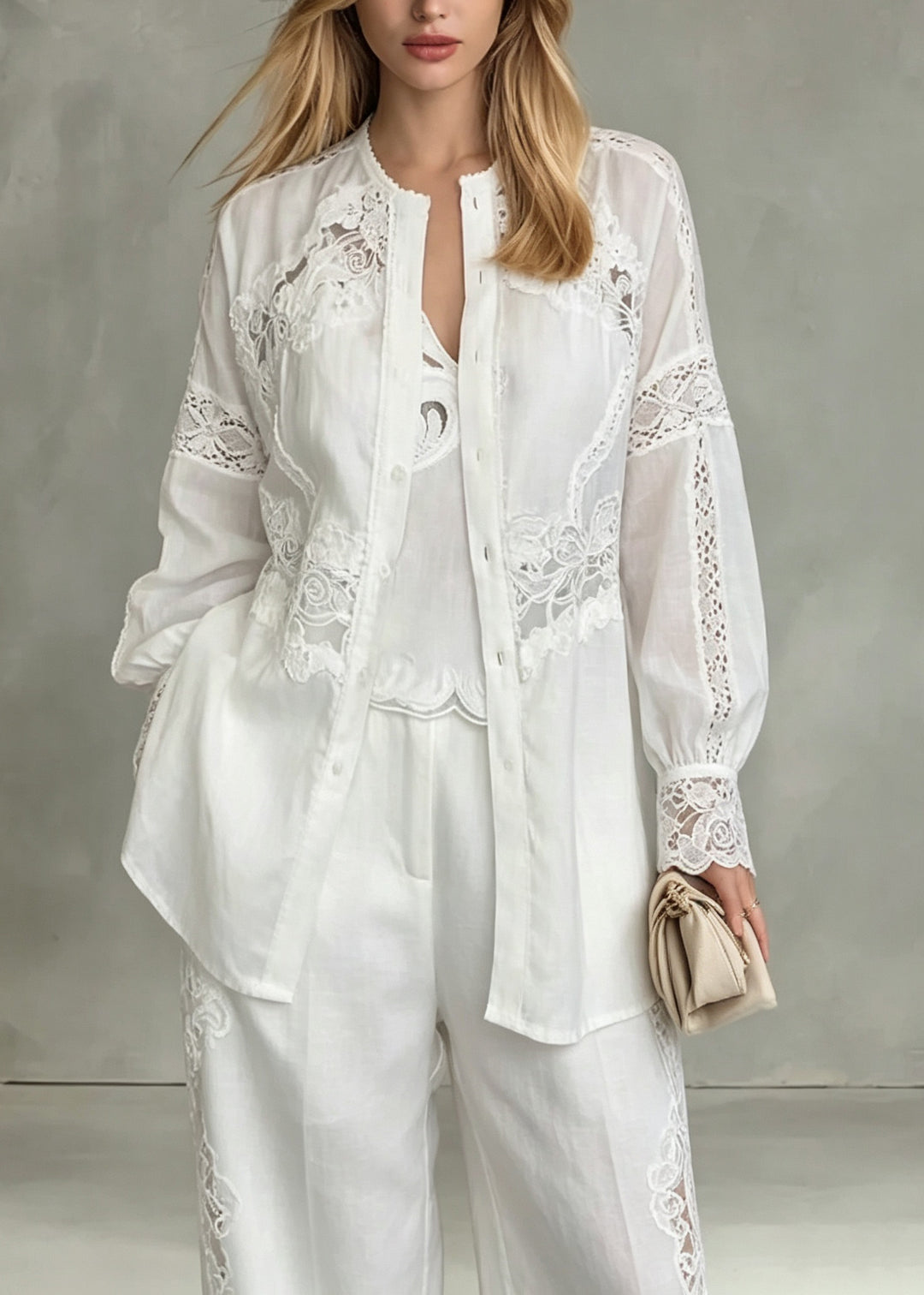 Plus Size White O Neck Hollow Out Patchwork Cotton Shirt Top Fall