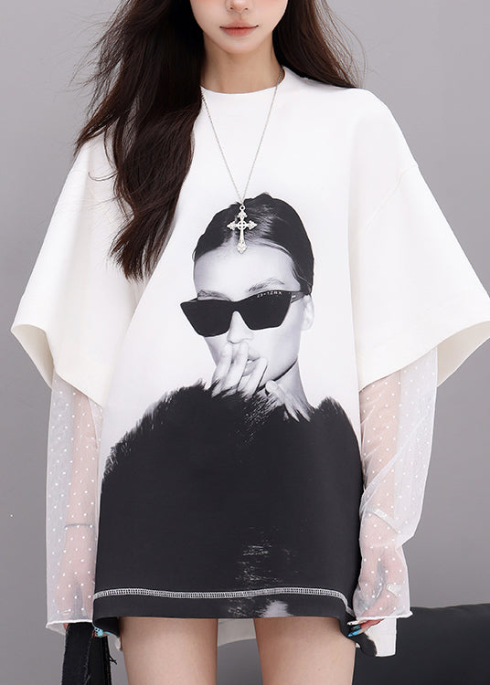 Plus Size White O Neck Lace Patchwork Cotton T Shirts Fall