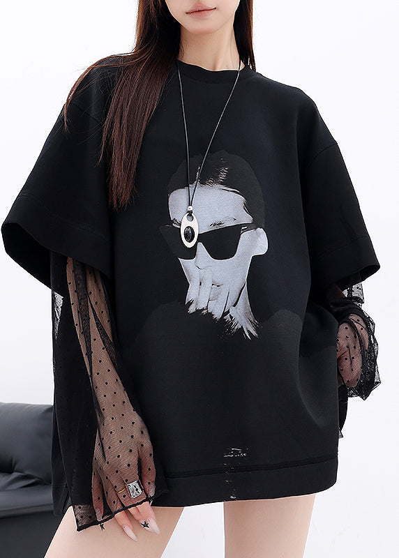 Plus Size White O Neck Lace Patchwork Cotton T Shirts Fall