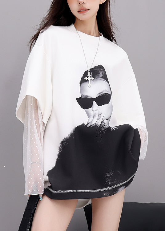 Plus Size White O Neck Lace Patchwork Cotton T Shirts Fall