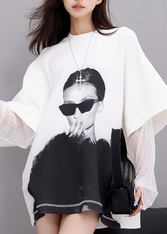 Plus Size White O Neck Lace Patchwork Cotton T Shirts Fall