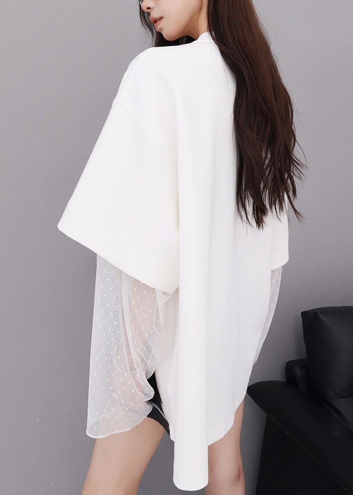 Plus Size White O Neck Lace Patchwork Cotton T Shirts Fall