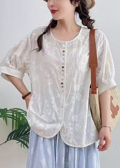 Plus Size White Oversized Jacquard Cotton Top Summer