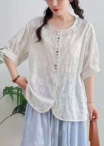 Plus Size White Oversized Jacquard Cotton Top Summer