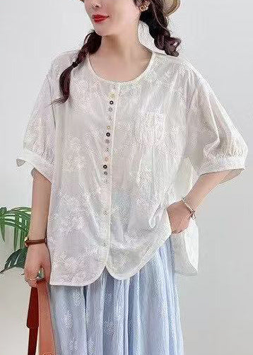 Plus Size White Oversized Jacquard Cotton Top Summer