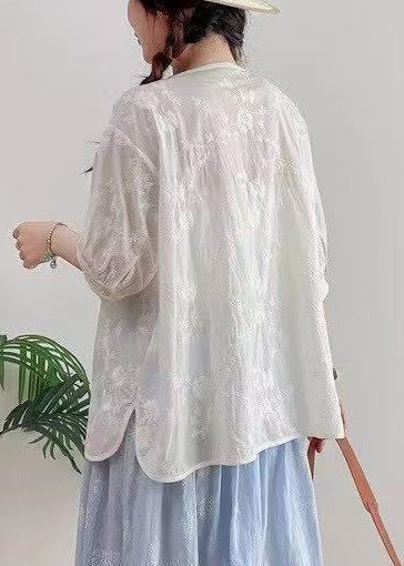 Plus Size White Oversized Jacquard Cotton Top Summer