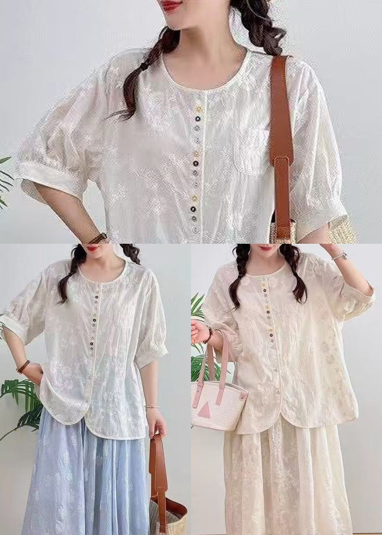 Plus Size White Oversized Jacquard Cotton Top Summer