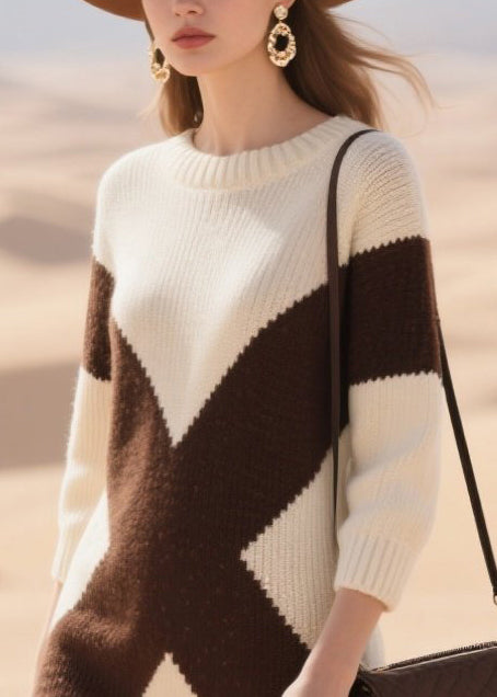 Plus Size White Oversized Patchwork Lace Knitwear Dress Winter