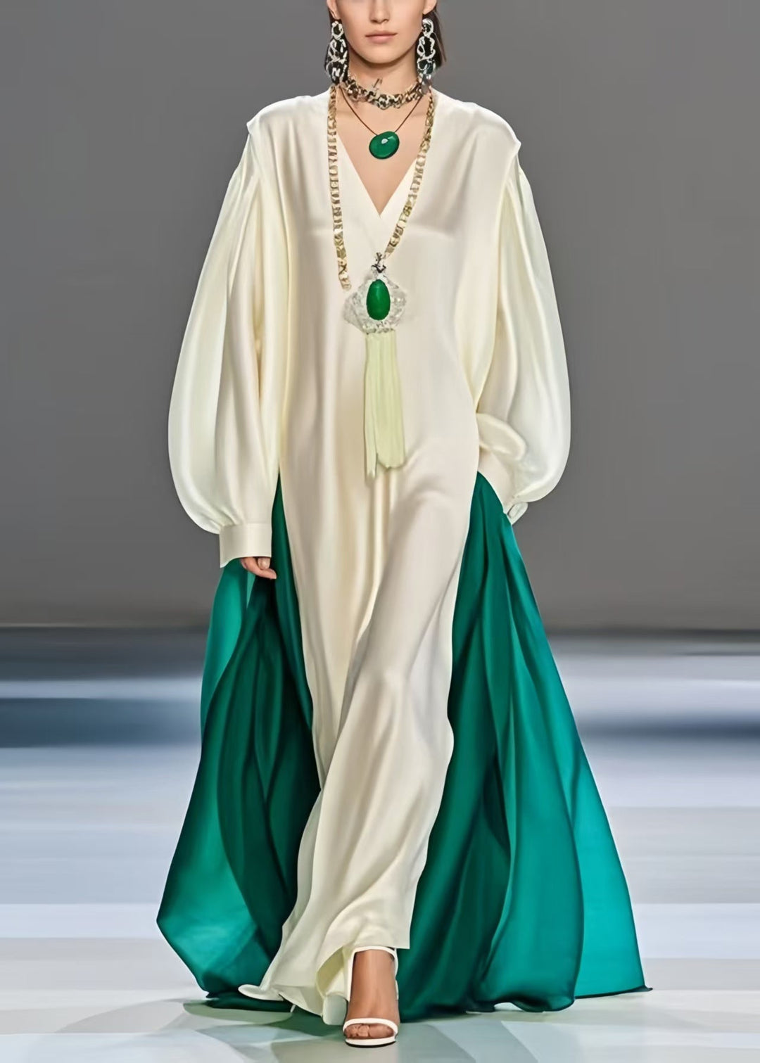 Plus Size White Oversized Patchwork Silk Robe Dresses Spring