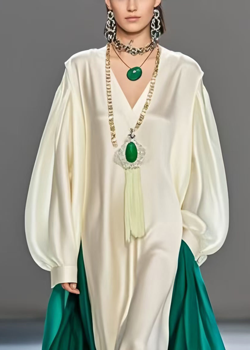 Plus Size White Oversized Patchwork Silk Robe Dresses Spring
