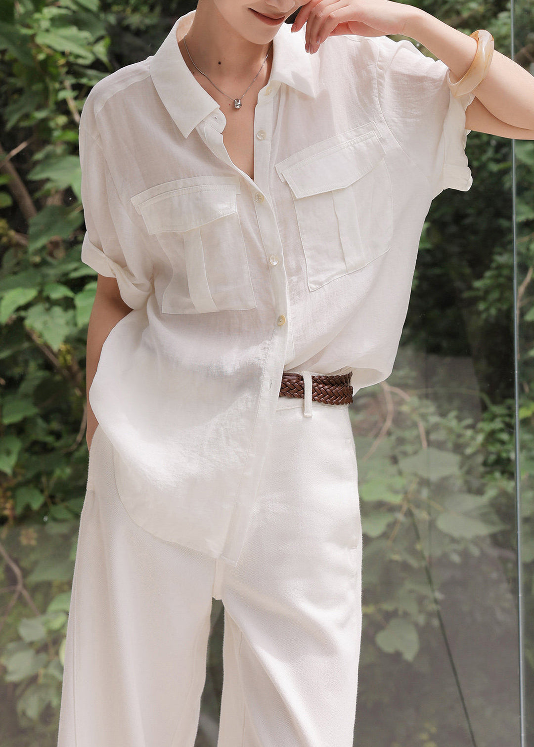 Plus Size White Oversized Pockets Linen Silk Shirt Top Summer