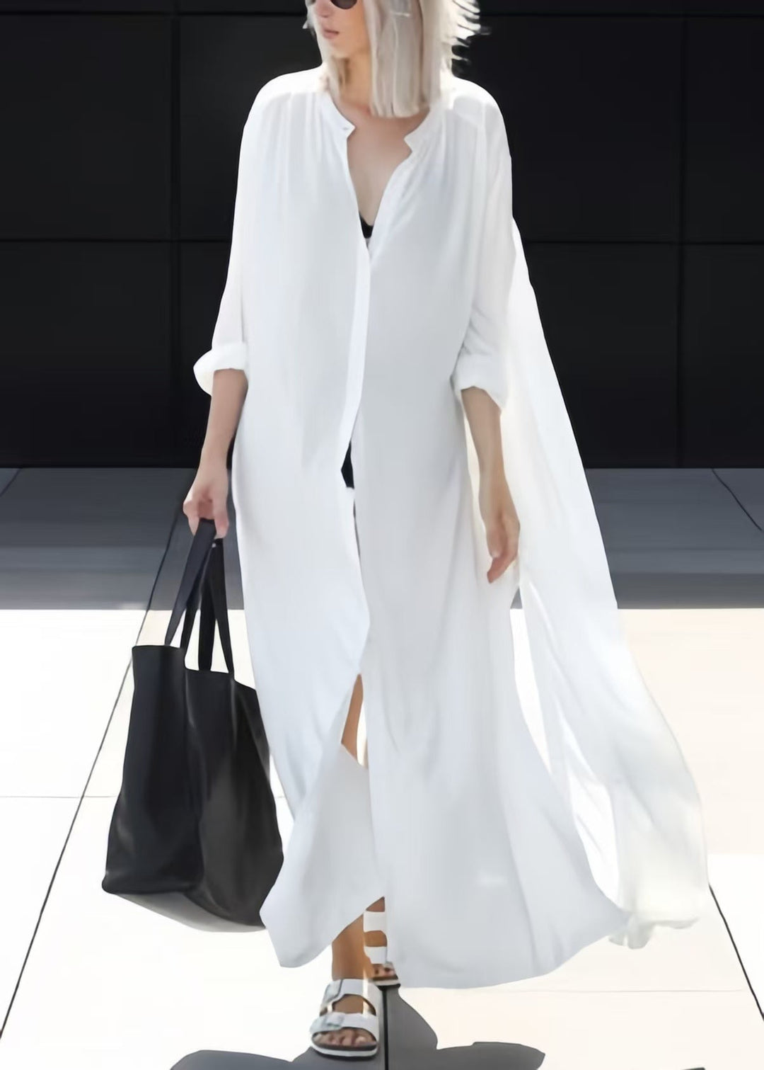 Plus Size White Oversized Side Open Cotton UPF 50+ Long Shirts Summer