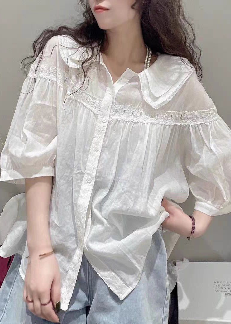 Plus Size White Peter Pan Collar Lace Cotton Blouses Half Sleeve