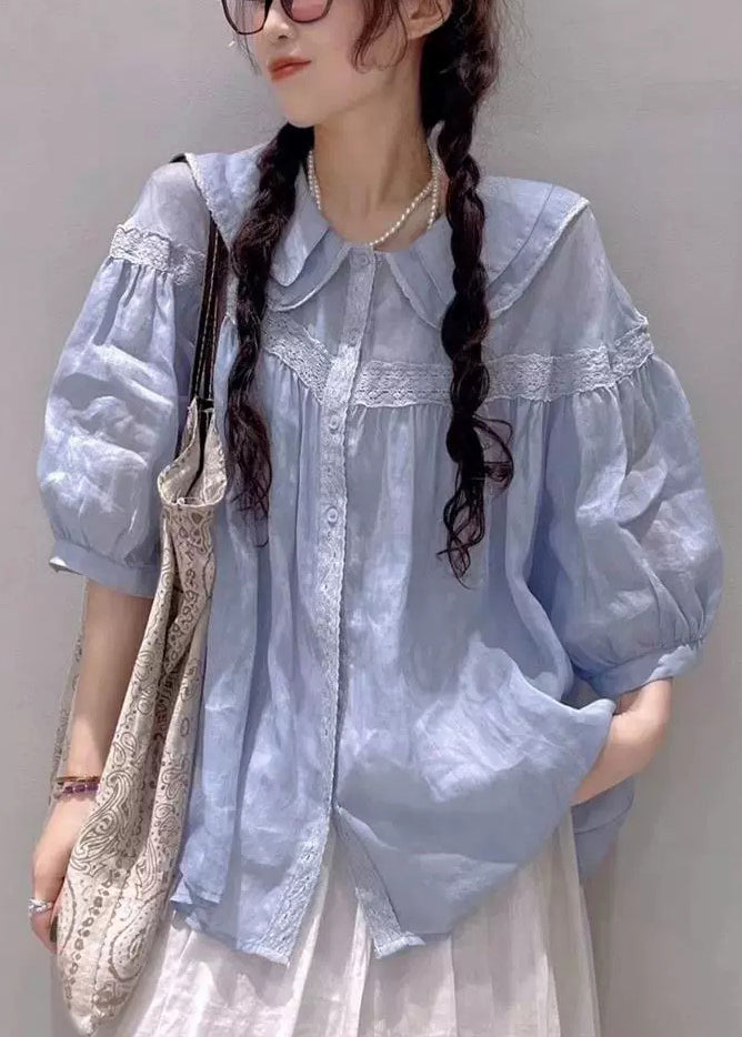 Plus Size White Peter Pan Collar Lace Cotton Blouses Half Sleeve
