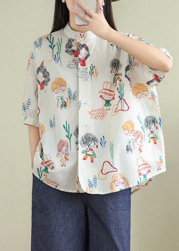 Plus Size White Print Button Shirts Summer