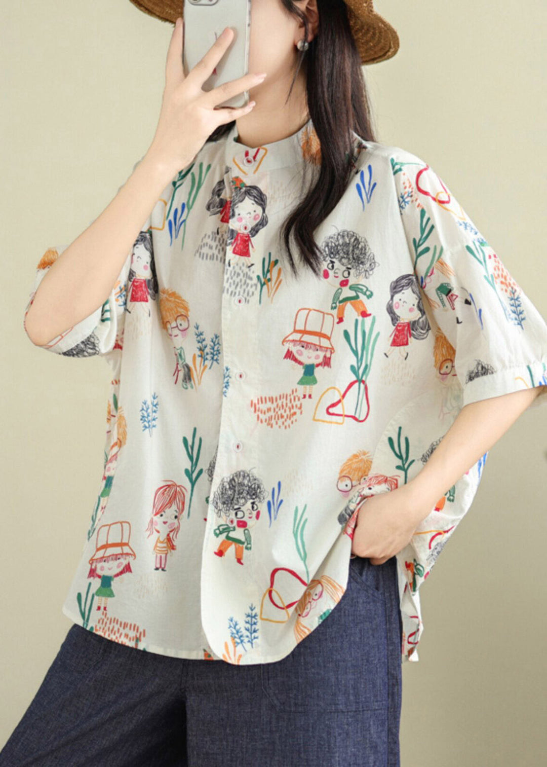 Plus Size White Print Button Shirts Summer