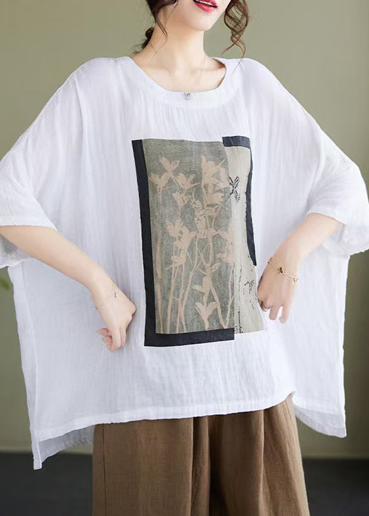 Plus Size White Print Low High Design Cotton Blouses Bracelet Sleeve