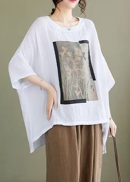 Plus Size White Print Low High Design Cotton Blouses Bracelet Sleeve