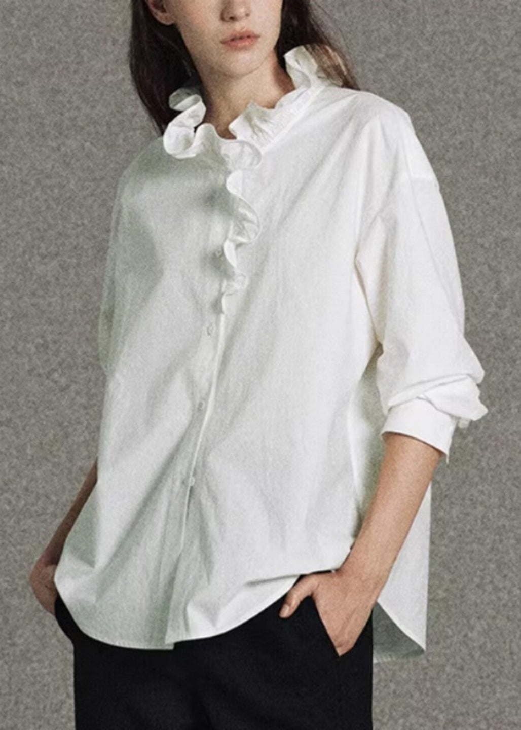 Plus Size White Ruffled Cotton Shirt Top Spring