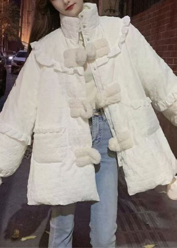 Plus Size White Ruffled Pockets Patchwork Fine Cotton Filled Coats Winter