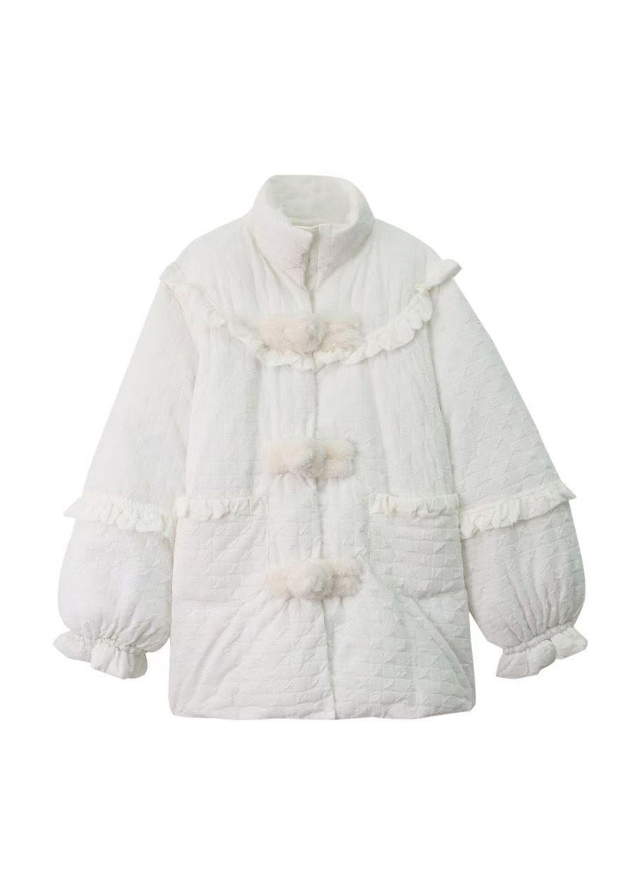 Plus Size White Ruffled Pockets Patchwork Fine Cotton Filled Coats Winter
