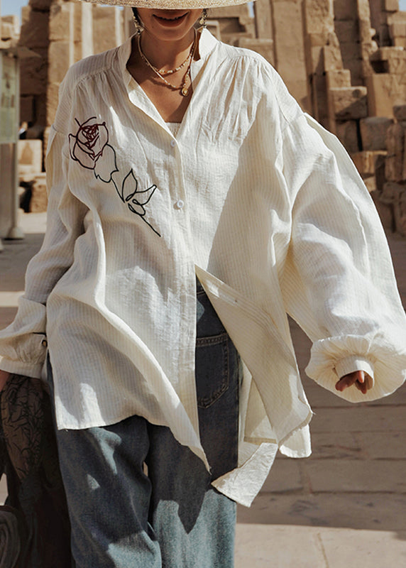 Plus Size White Stand Collar Rose Cotton Top Lantern Sleeve