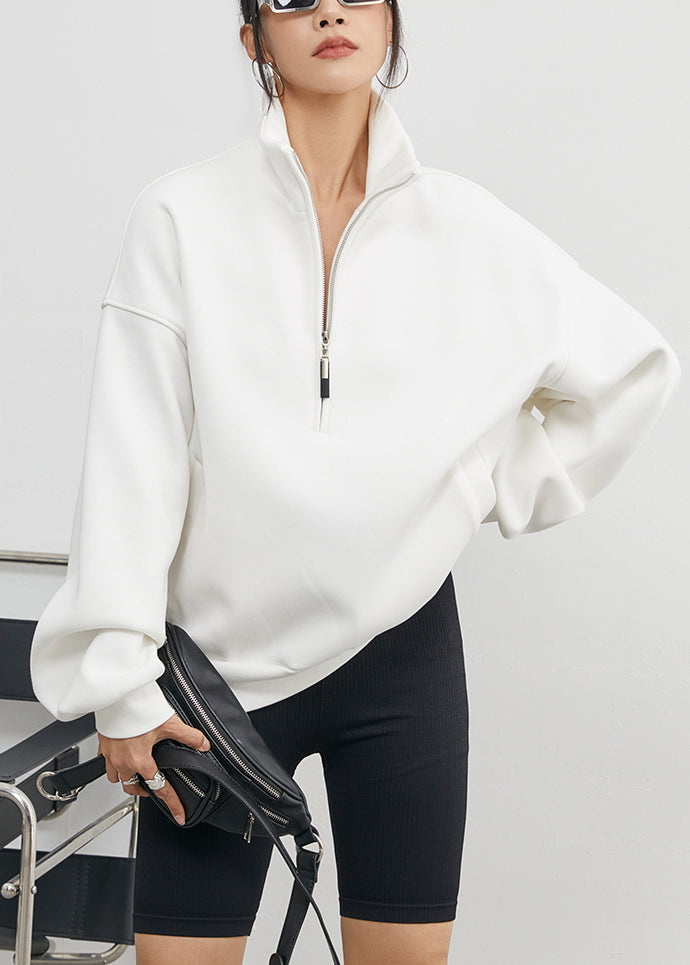 Plus Size White Stand Collar Zip Up Warm Fleece Sweatshirt Winter