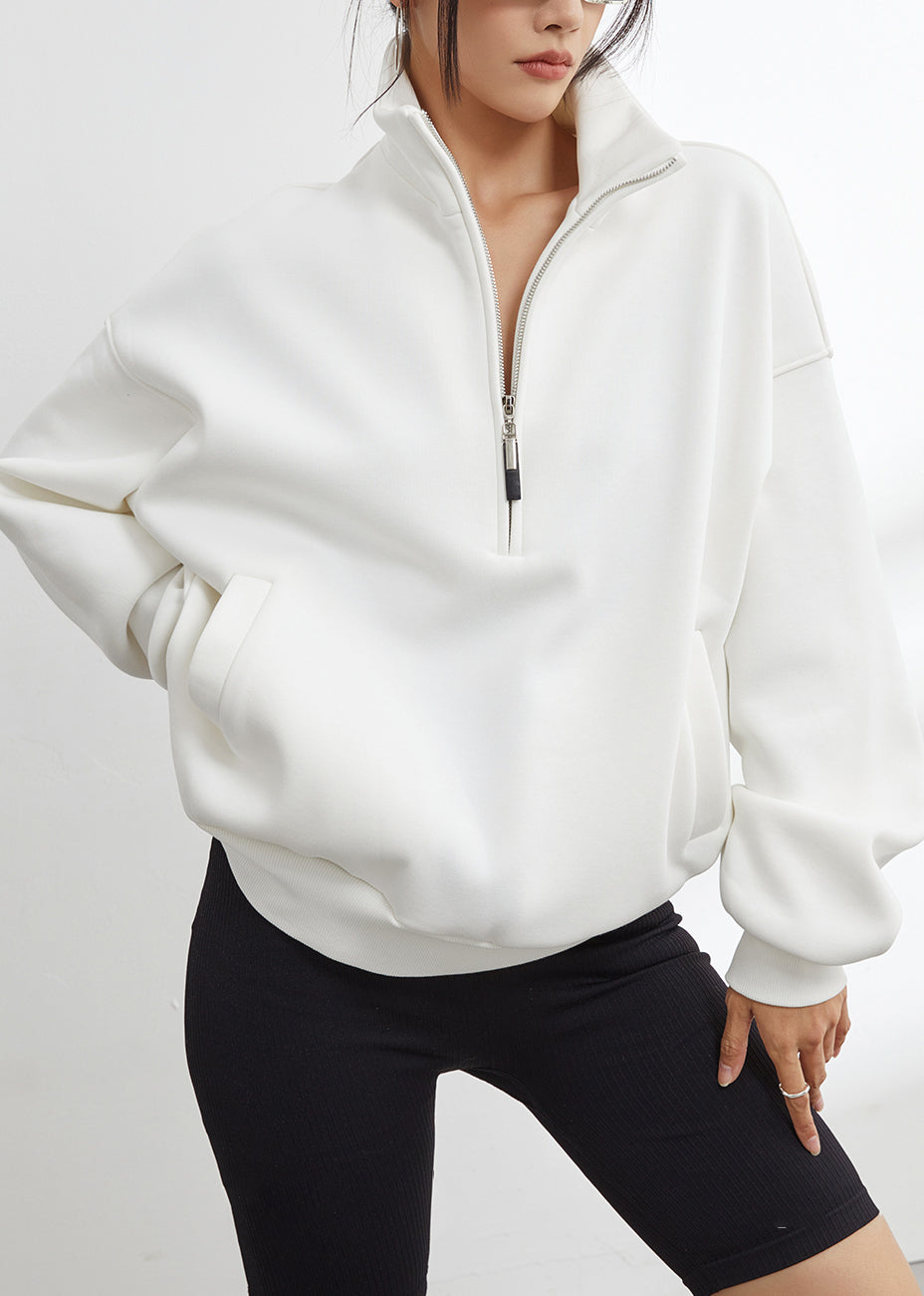 Plus Size White Stand Collar Zip Up Warm Fleece Sweatshirt Winter