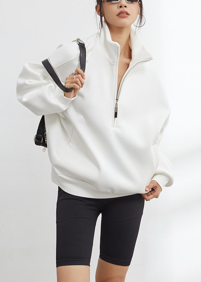 Plus Size White Stand Collar Zip Up Warm Fleece Sweatshirt Winter