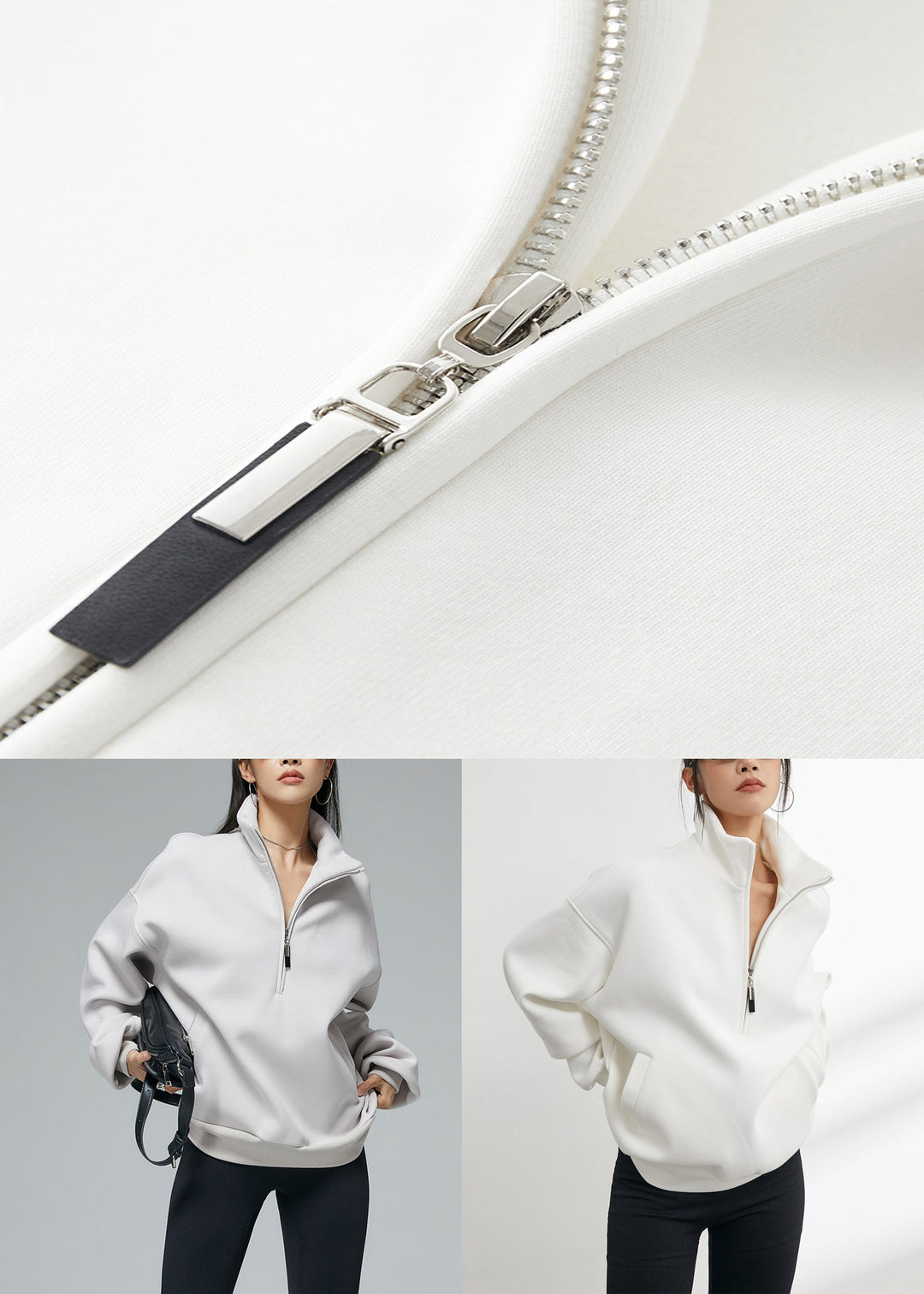 Plus Size White Stand Collar Zip Up Warm Fleece Sweatshirt Winter