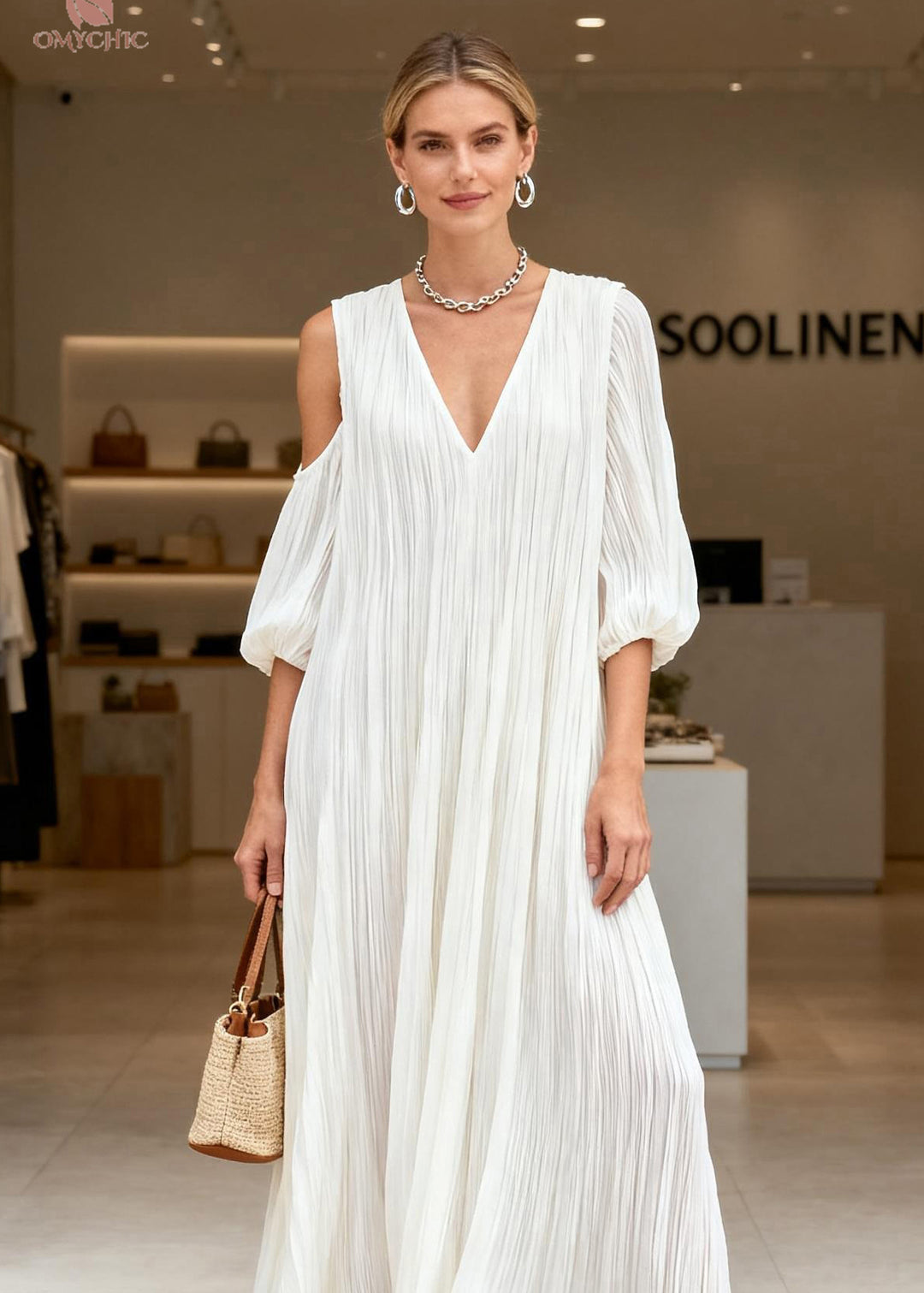 Plus Size White V Neck Asymmetrical Design Patchwork Cotton Dresses Summer