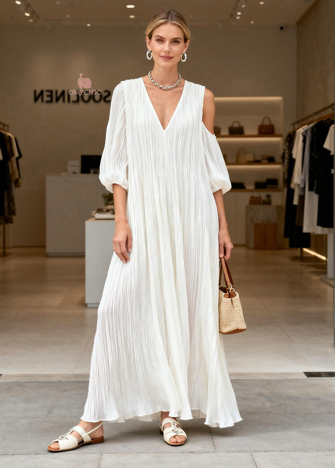 Plus Size White V Neck Asymmetrical Design Patchwork Cotton Dresses Summer