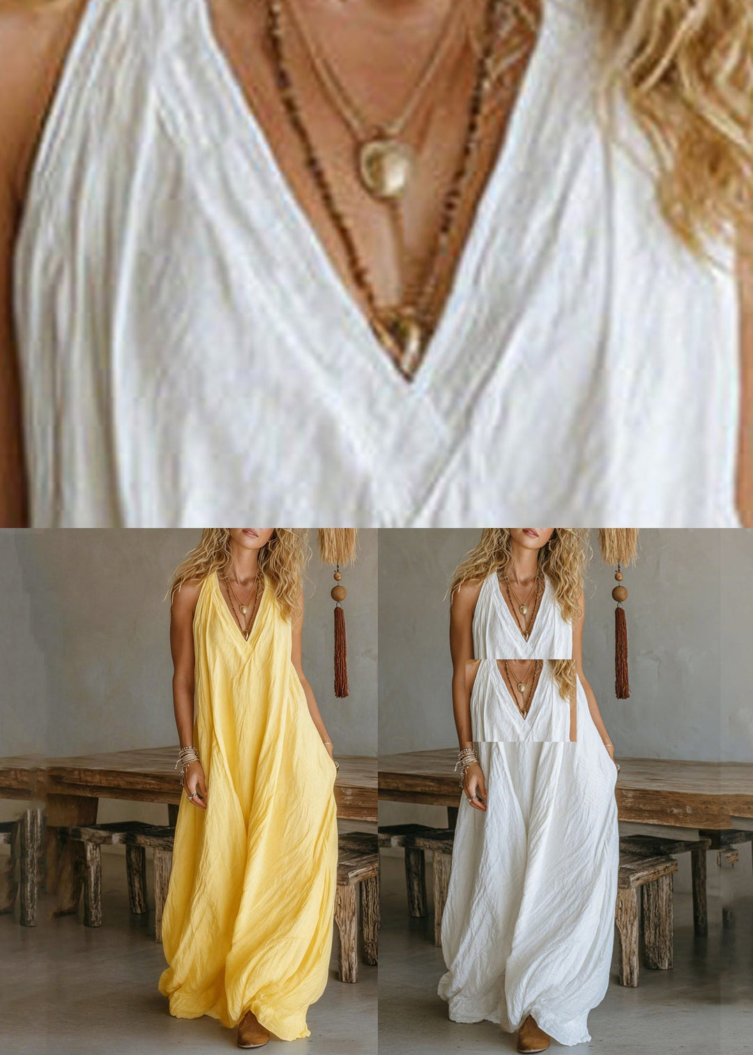 Plus Size White V Neck Halter Solid Maxi Dress Sleeveless