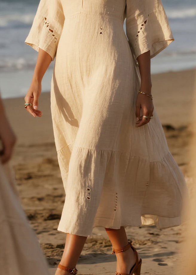 Plus Size White V Neck Hollow Out Cotton Holiday Dress Summer