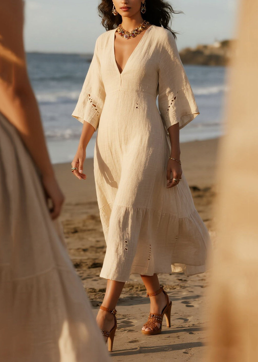 Plus Size White V Neck Hollow Out Cotton Holiday Dress Summer