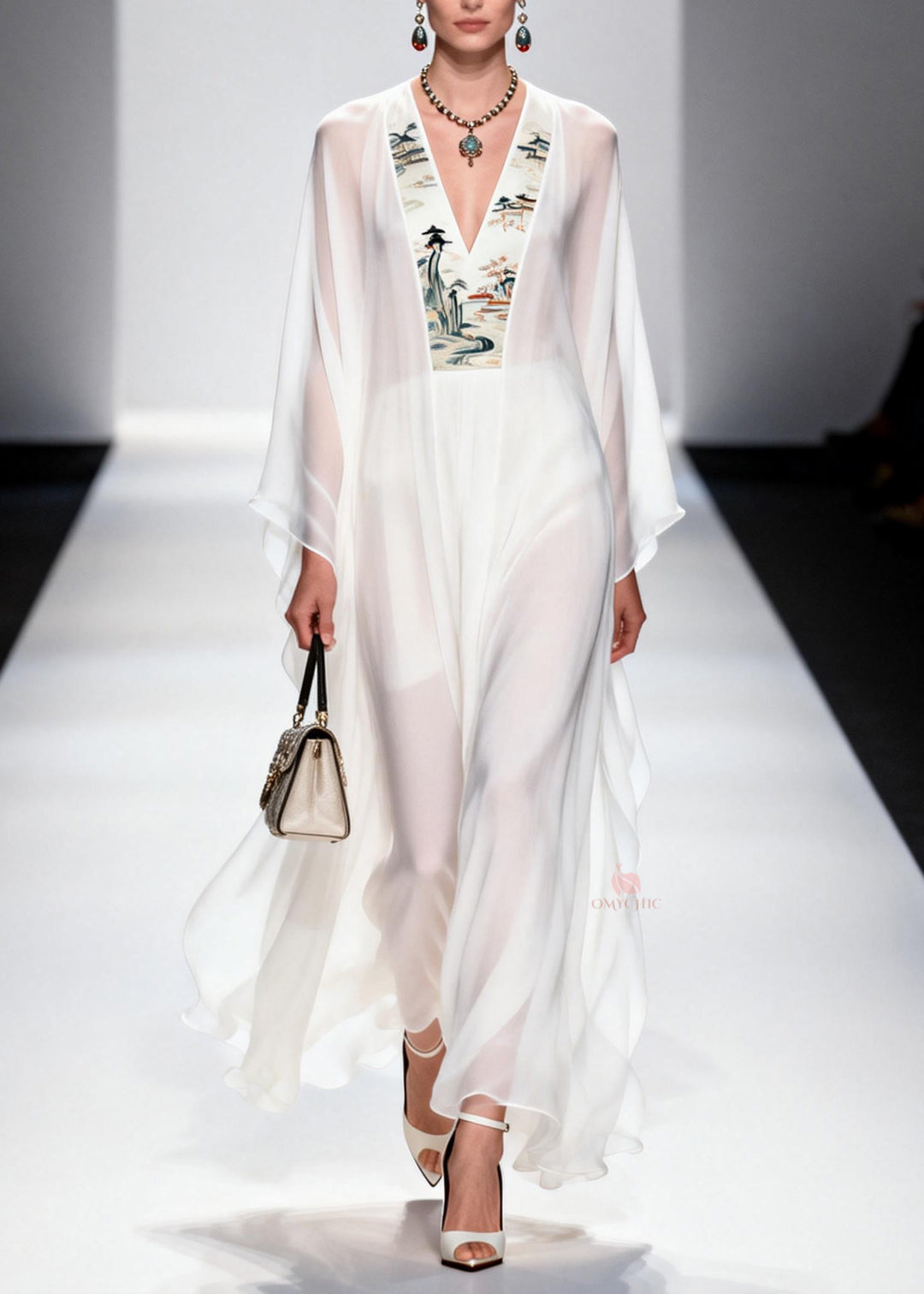 Plus Size White V Neck Patchwork Chiffon Long Dresses Spring