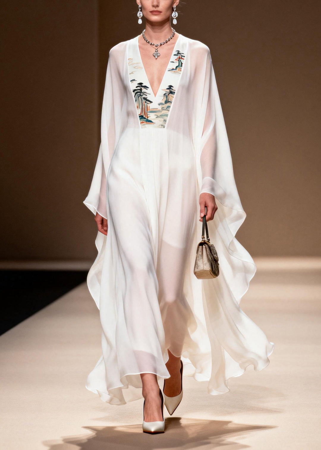 Plus Size White V Neck Print Patchwork Chiffon Dress Spring