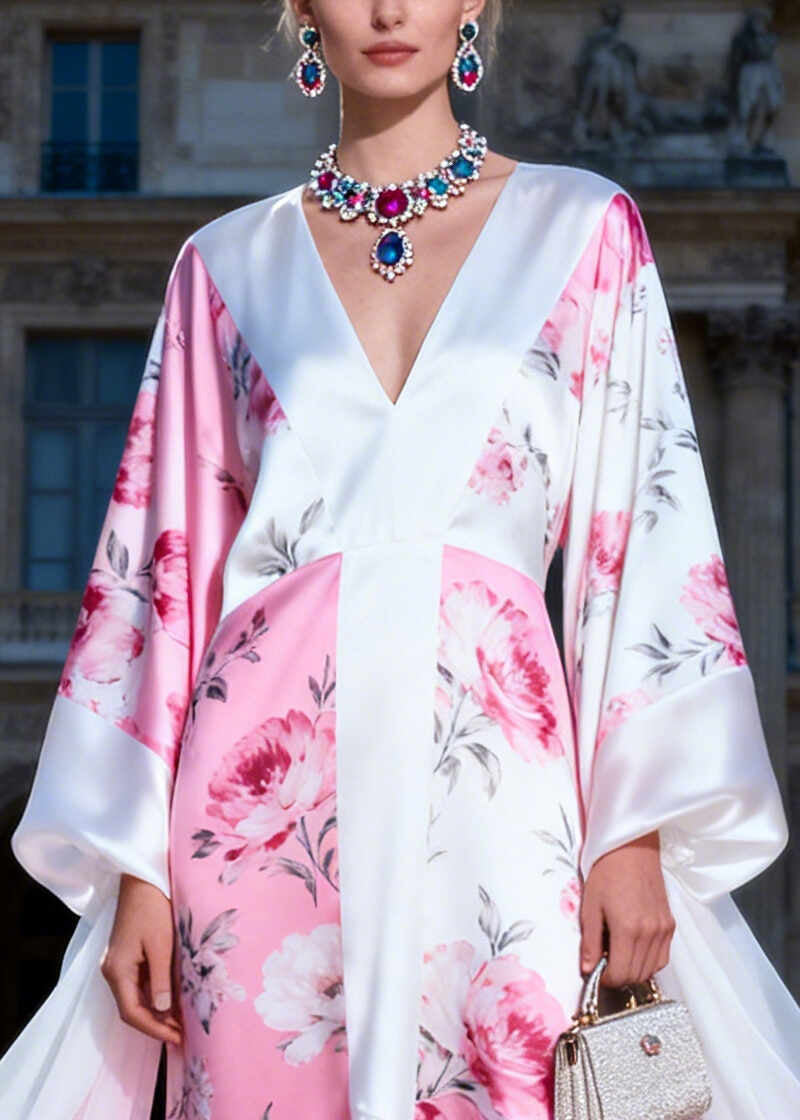 Plus Size White V Neck Print Silk Maxi Dress Summer