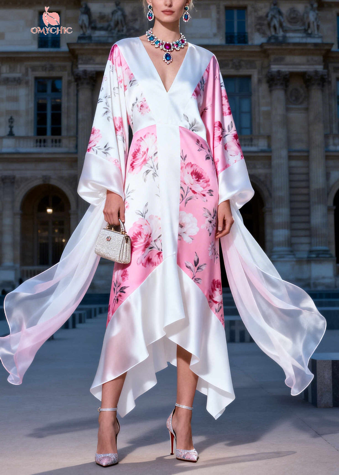 Plus Size White V Neck Print Silk Maxi Dress Summer