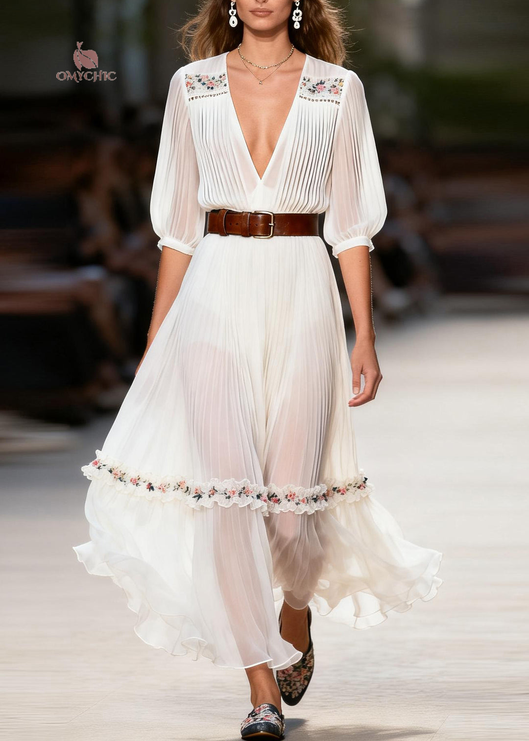 Plus Size White V Neck Ruffled Floral Chiffon Dresses Summer