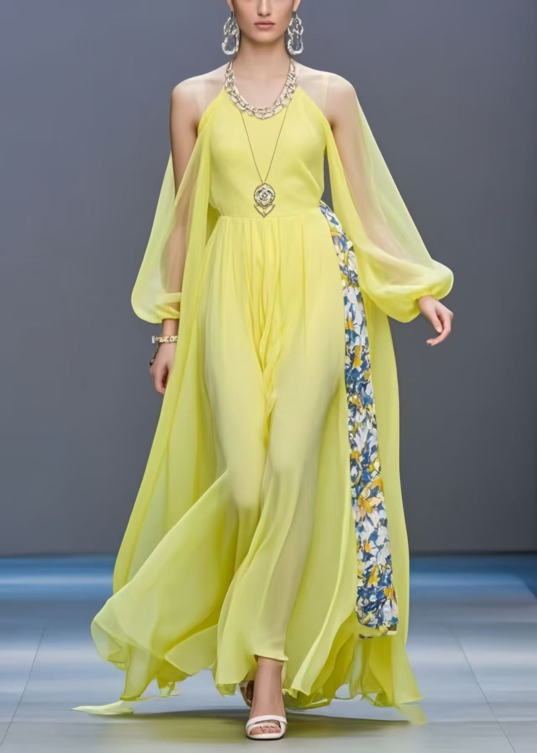 Plus Size Yellow Cold Shoulder Patchwork Chiffon Long Dress Summer
