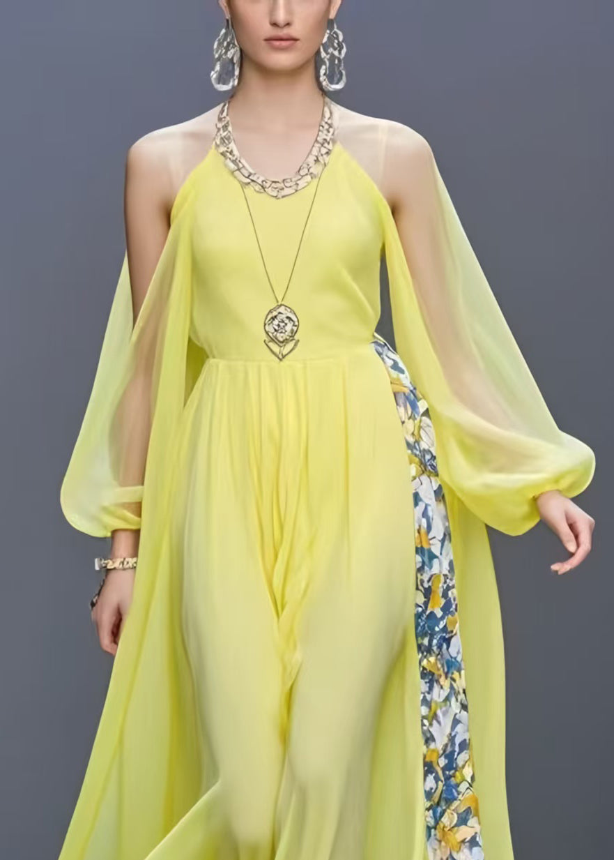 Plus Size Yellow Cold Shoulder Patchwork Chiffon Long Dress Summer