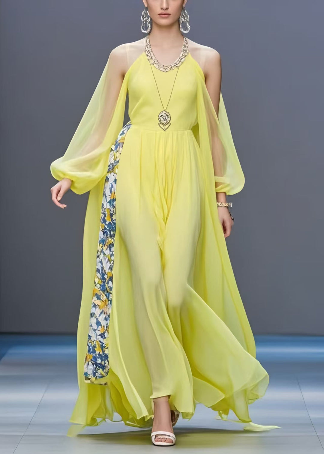 Plus Size Yellow Cold Shoulder Patchwork Chiffon Long Dress Summer