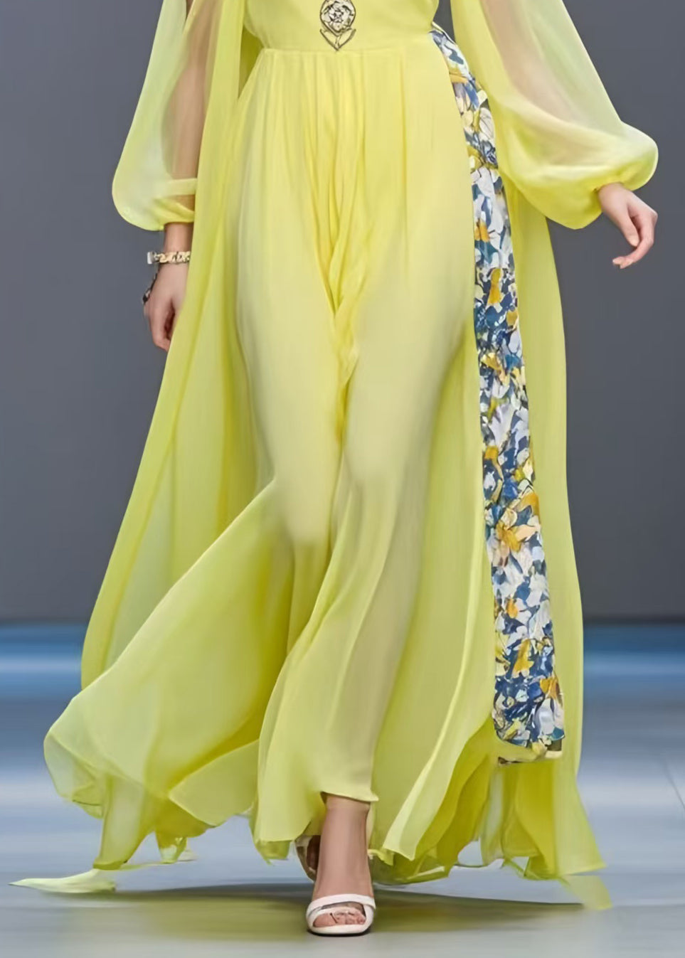 Plus Size Yellow Cold Shoulder Patchwork Chiffon Long Dress Summer