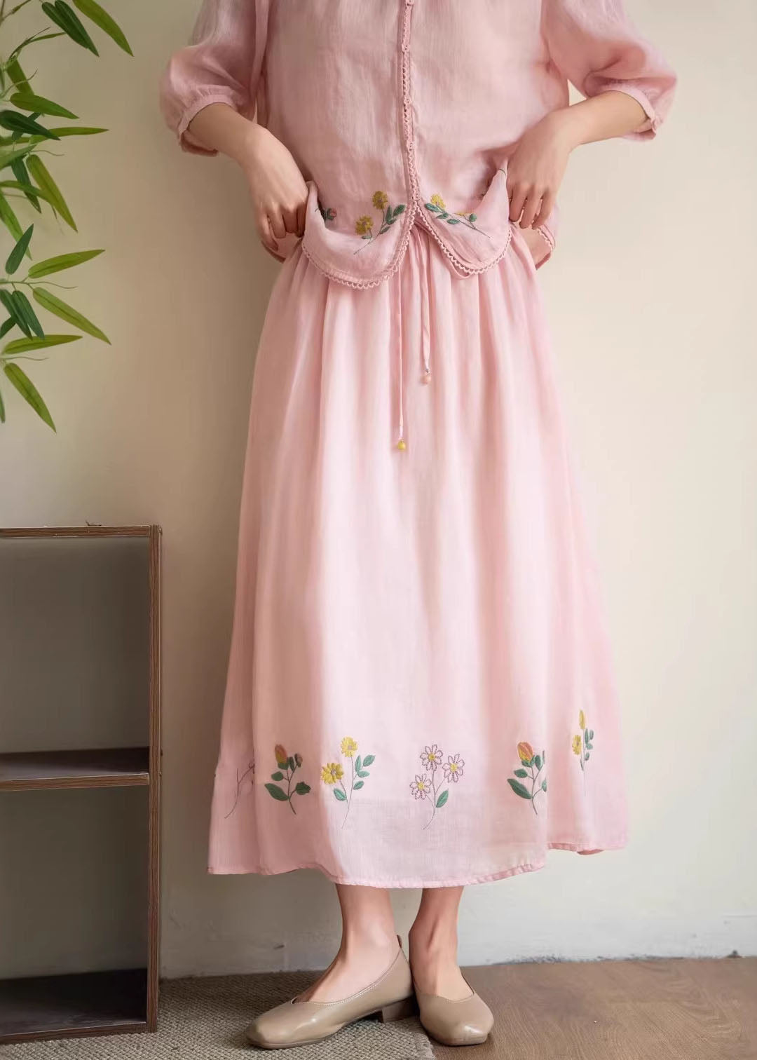 Plus Size Yellow Embroidered Elastic Waist Linen Skirt Summer