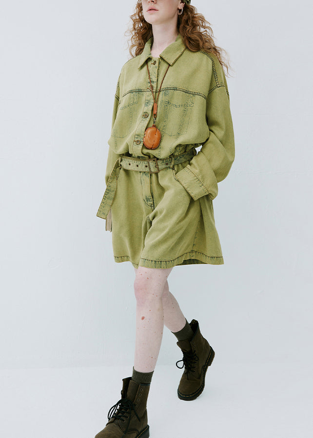 Plus Size Yellow Green Peter Pan Collar Denim Jumpsuit Long Sleeve