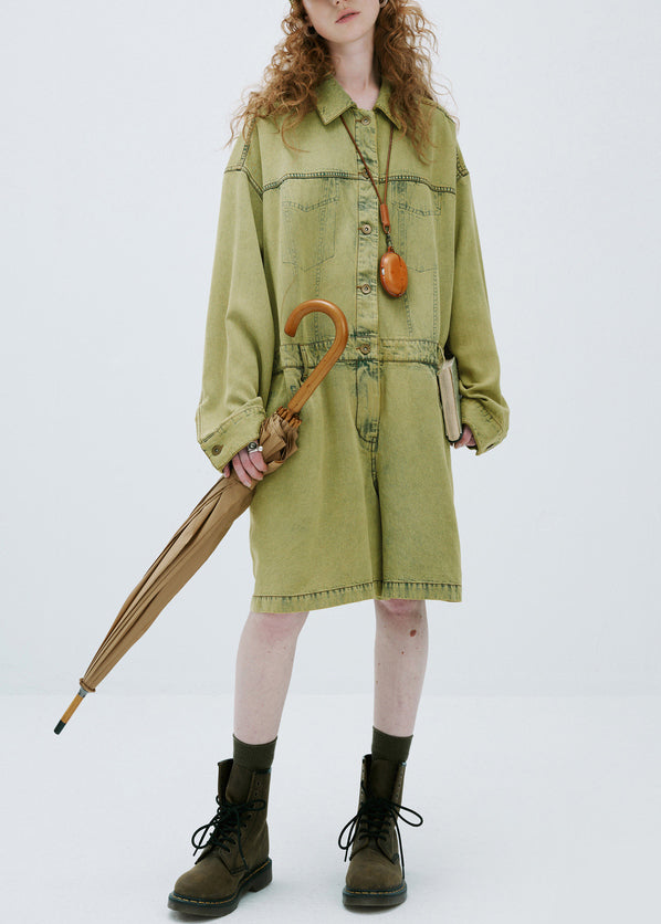 Plus Size Yellow Green Peter Pan Collar Denim Jumpsuit Long Sleeve