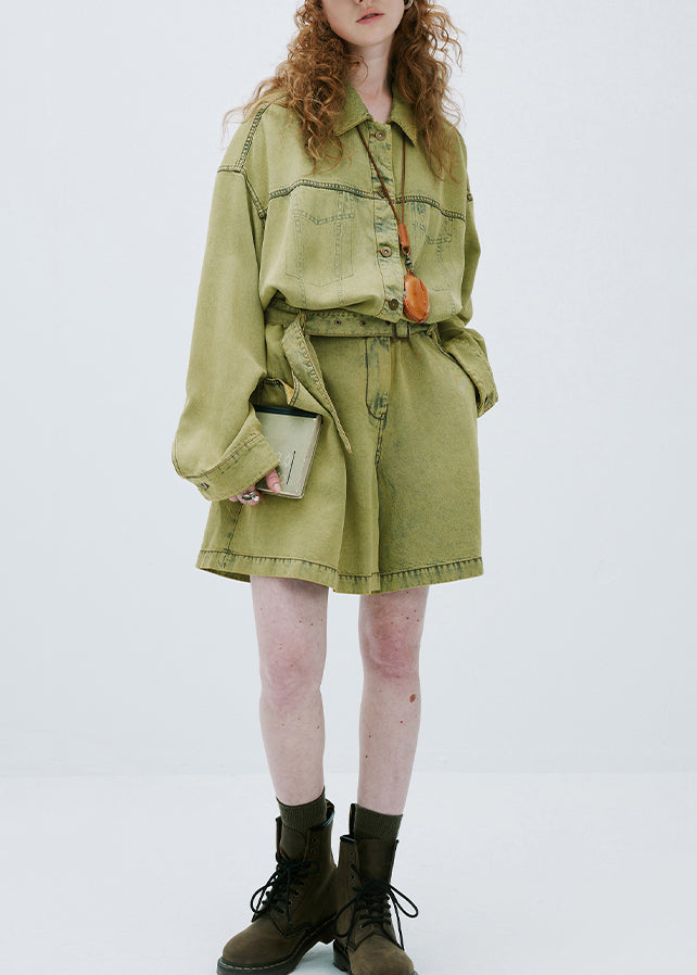 Plus Size Yellow Green Peter Pan Collar Denim Jumpsuit Long Sleeve