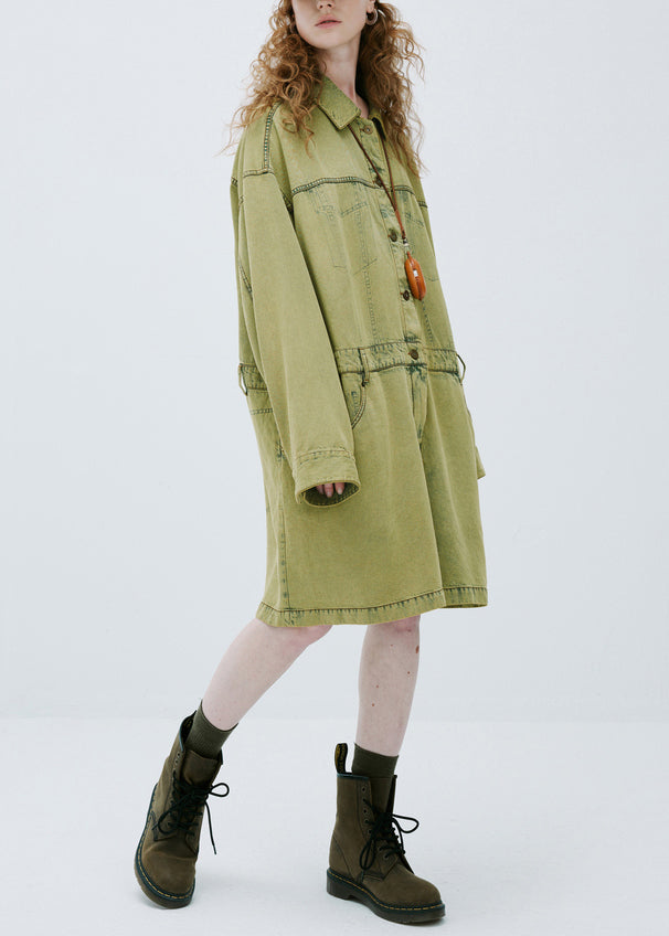Plus Size Yellow Green Peter Pan Collar Denim Jumpsuit Long Sleeve