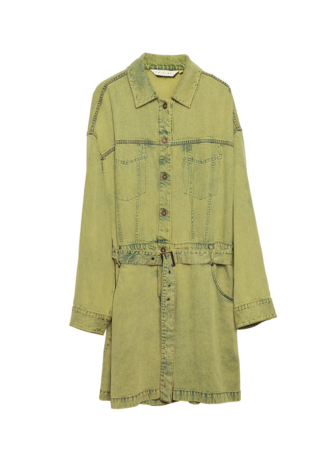 Plus Size Yellow Green Peter Pan Collar Denim Jumpsuit Long Sleeve